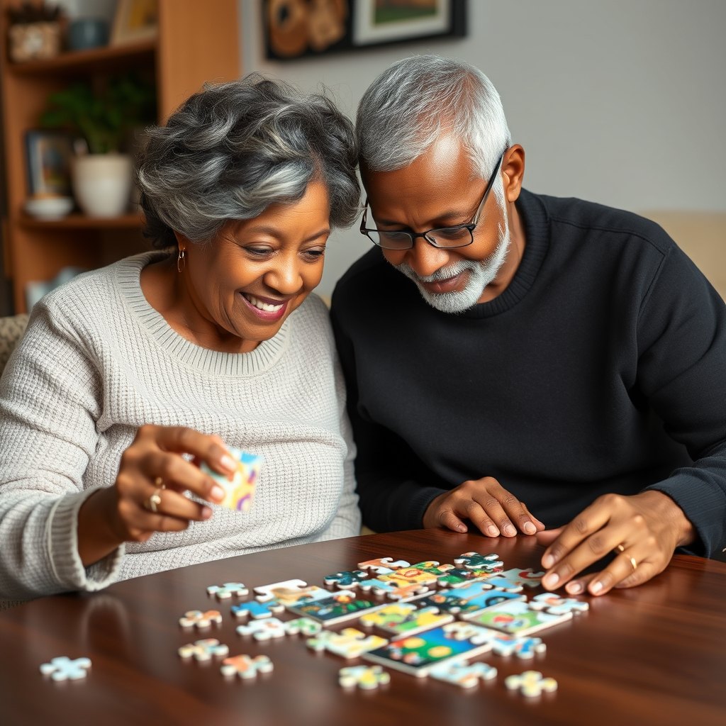 A caregiver joins an older couple for a puzzle at their own kitchen table