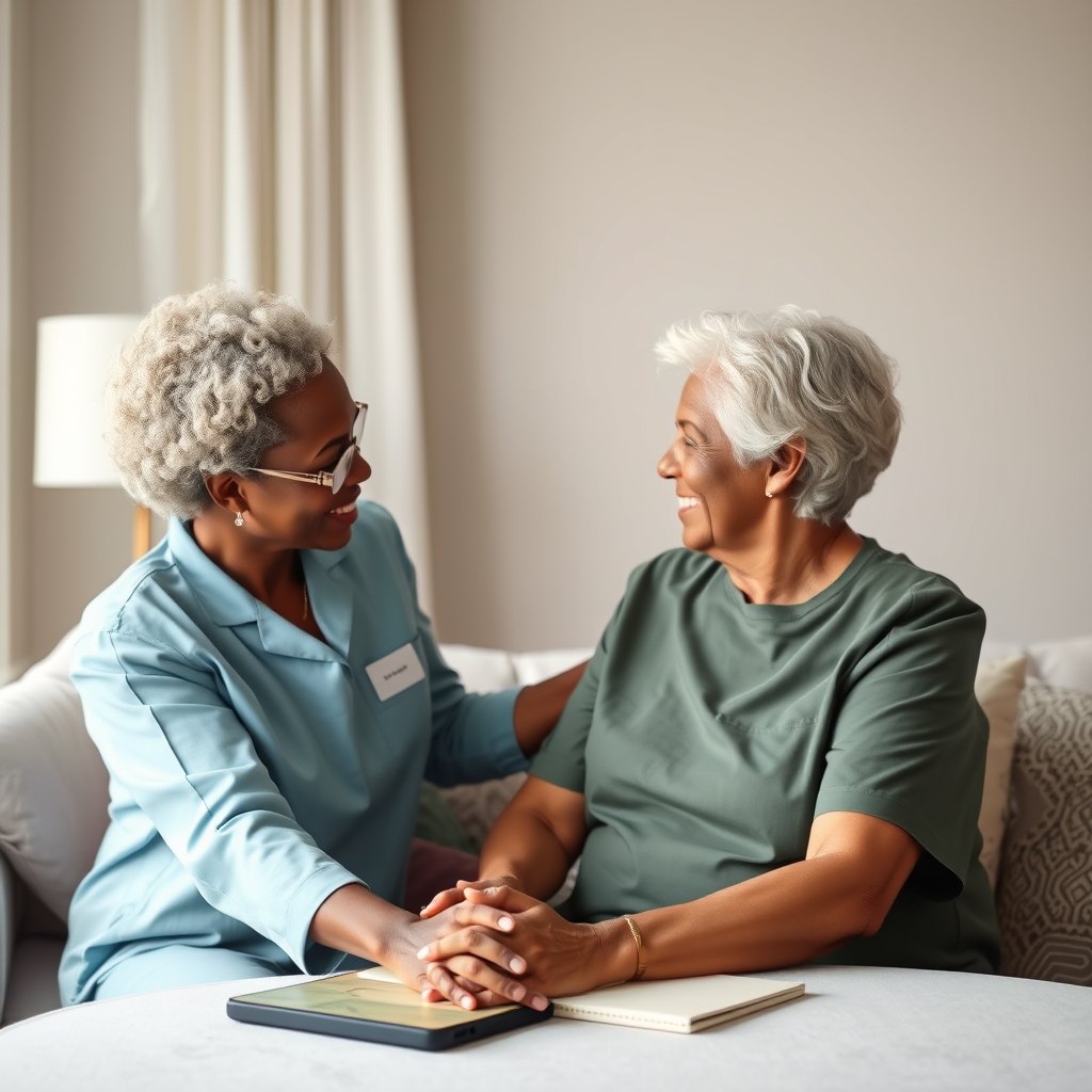A caregiver and an older woman sharing tea and conversation