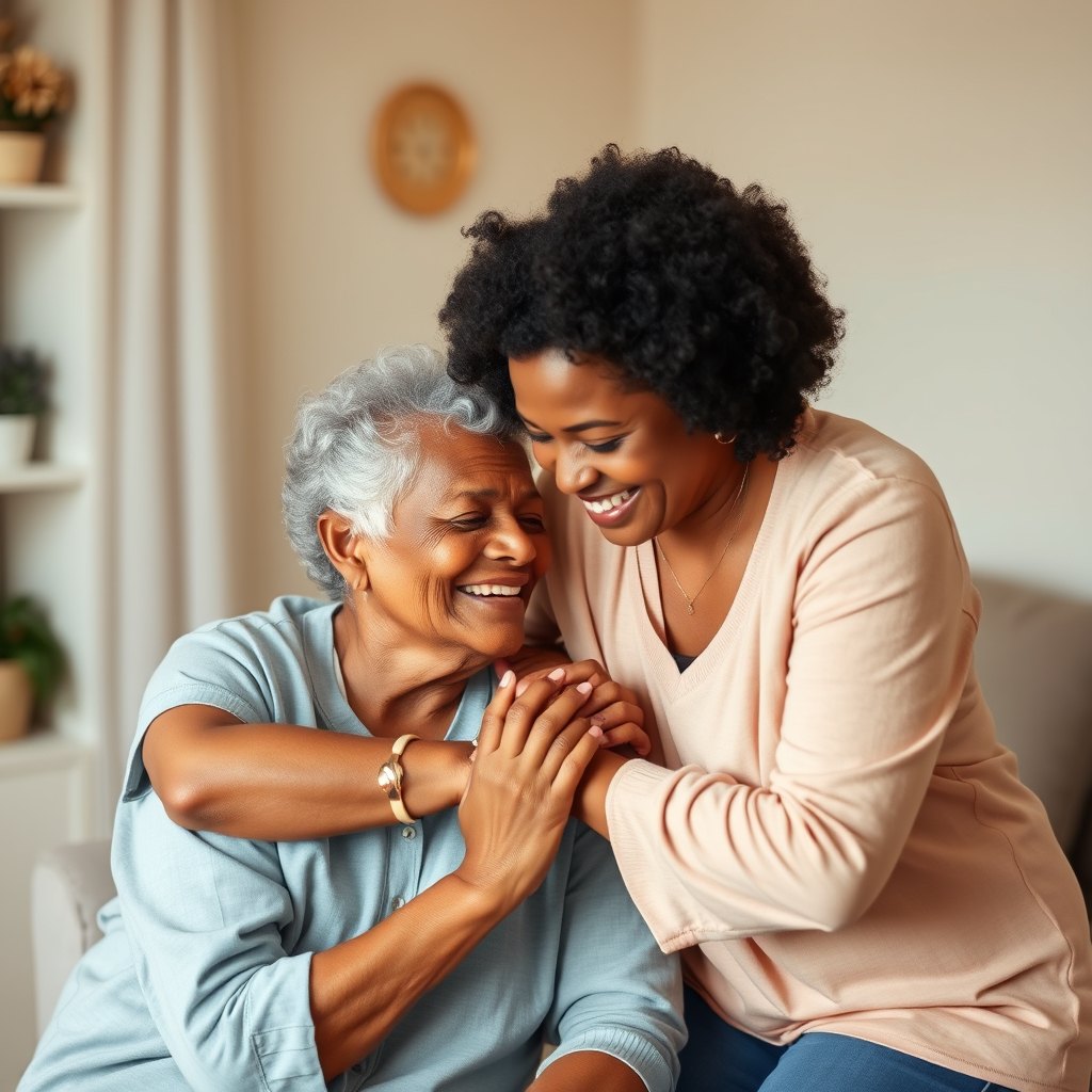A caregiver and the woman she visits, side by side on the sofa at home