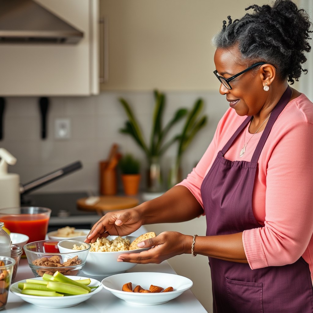 A caregiver cooking in the client's own kitchen, meal underway