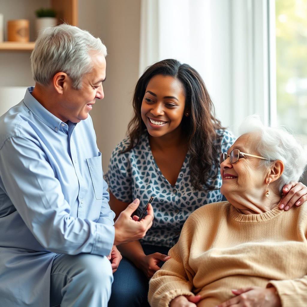 An older couple with their caregiver in the living room