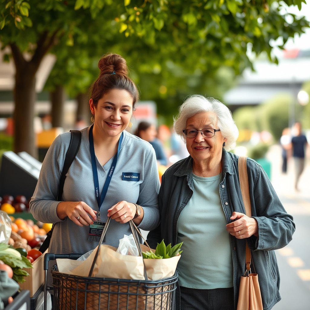 A companion helping an older woman take a walk outdoors with her walker