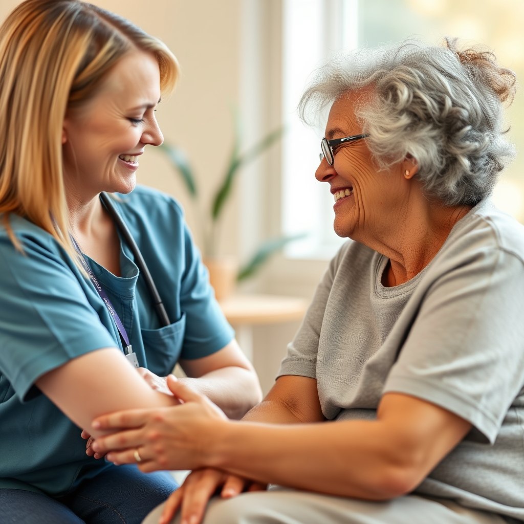 A caregiver sitting with an older woman in her living room