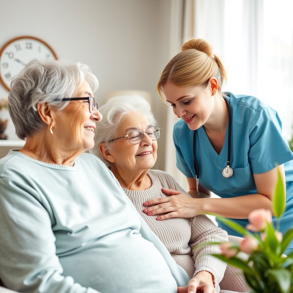A nurse and family members with an older adult during a home visit