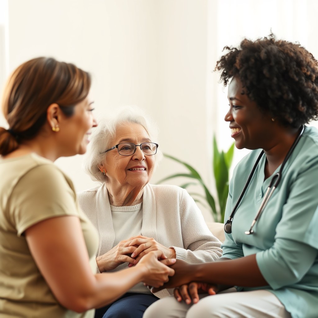 A caregiver holding the hand of the woman she visits